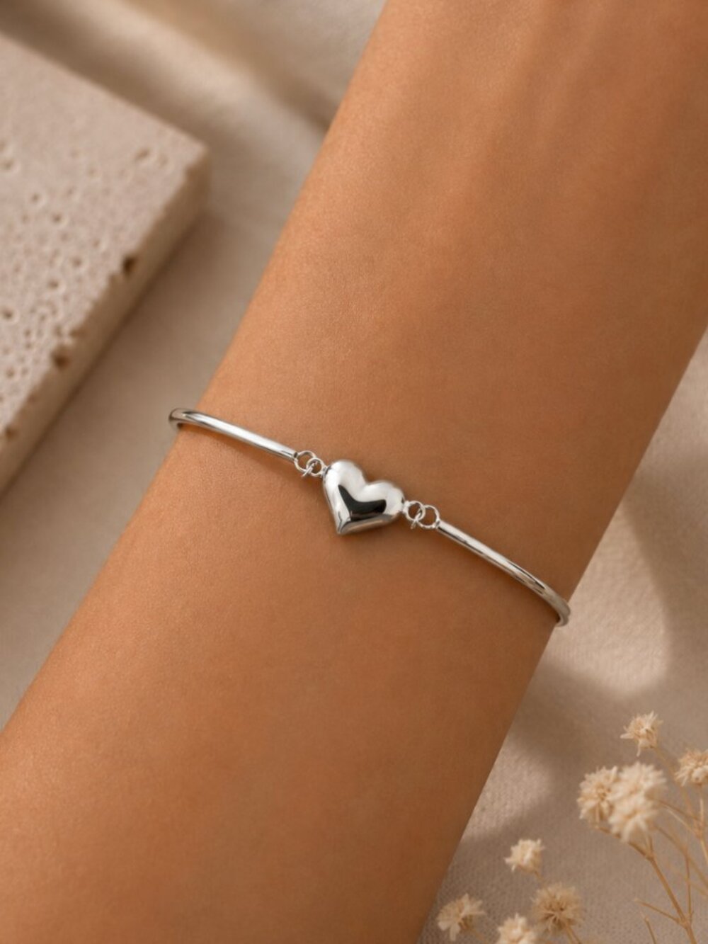 925 Sterling Silver Heart Cuff Bracelet Heart Pendant Bangle Bracelet